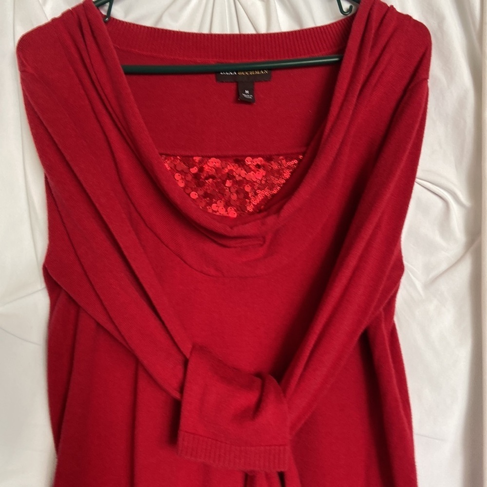 VGUC DANA BACHMAN Sz-M Vintage Red Christmas Top /w Draped & Sequined Neckline🎄 - Picture 13 of 16